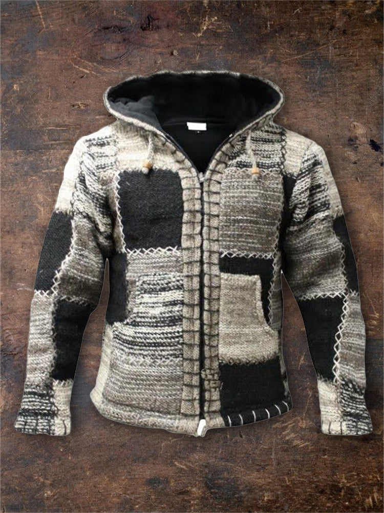 Men's Retro Heather Patchwork Stitched Cozy Hooded Cardigan elevenforest