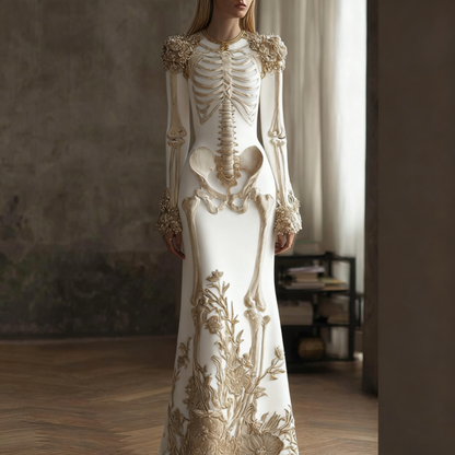 Comstylish Women's Halloween Retro Anatomy Art And Flower Gothic Velvet Long Dress