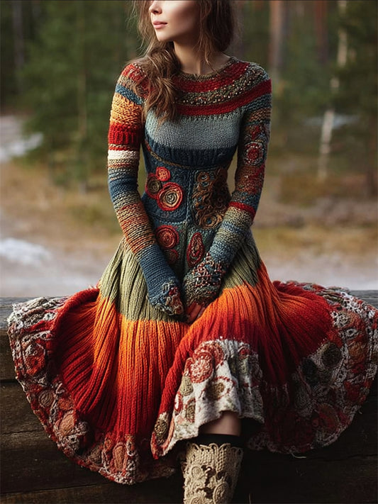 Boho Floral Crochet Geometric Colorblock Maxi Sweater Dress
