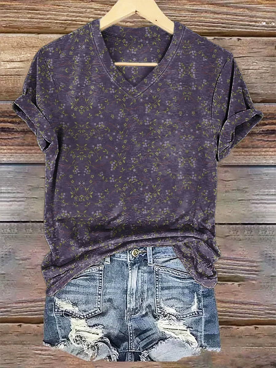 Women's Vintage Floral Art Print V-neck Casual T-Shirt