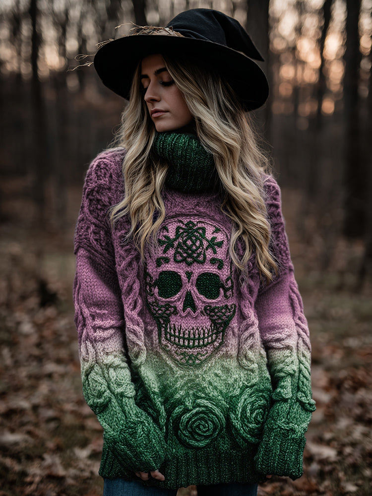 Women's Viking Tribal Jacquard Celtic With Rose And Skull Inspired Chunky Knit Hooded Sweater elevenforest