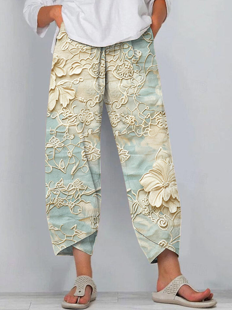 Boho Lace Floral Embroidered Linen Blend Pants artswardrobe
