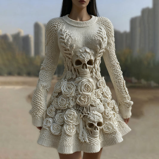 Comstylish Women's Halloween Skull With Rose Art Cozy Knit Sweater Dress