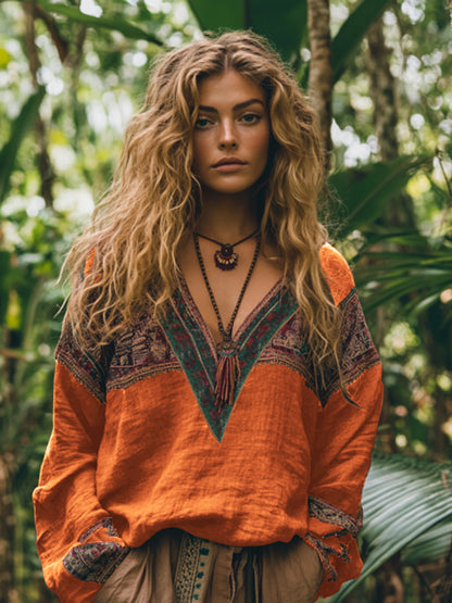Retro Boho Tribal Embroidery Print Cotton And Linen Blend Loose Blouse artswardrobe