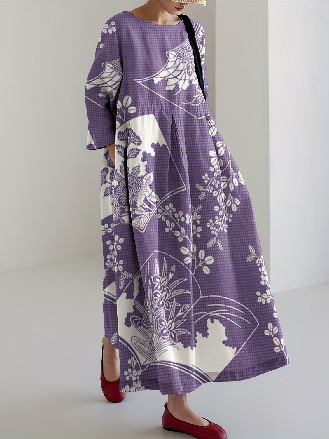 Comstylish Japanese Art Floral Print Linen Blend Loose Midi Dress