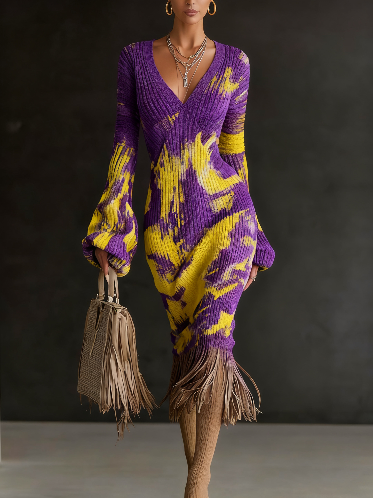 Printed Textured Knitted Tassel Hem Long Sleeve Midi Dress