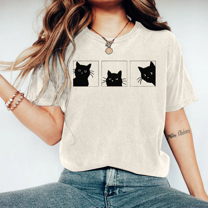 Comstylish Women's Abstract Creative Cute Black Cat Art Print T-shirt