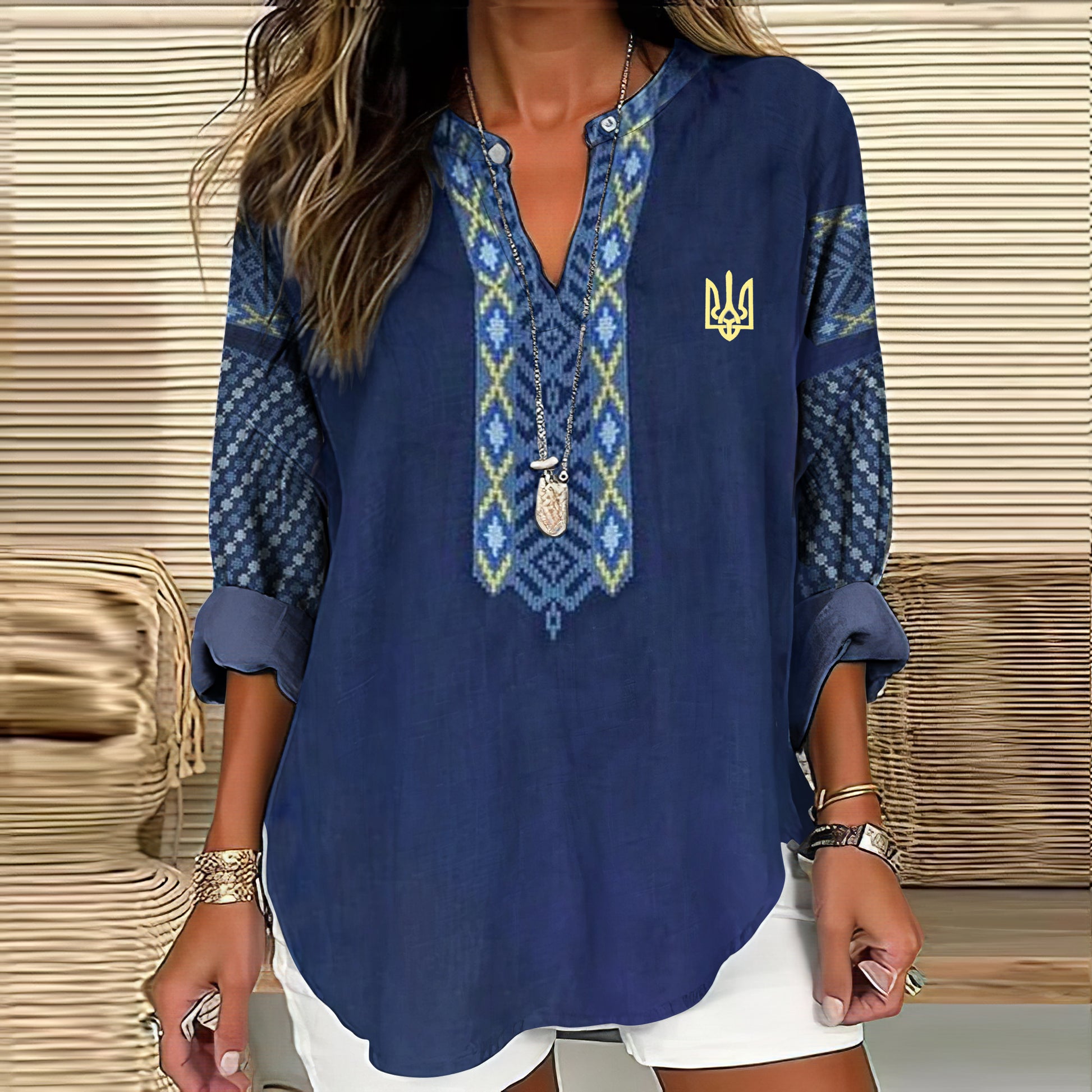 Comstylish Women's Ukraine Ethnic Art Print V-neck Linen Blend Shirt
