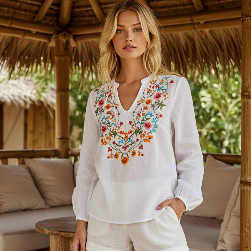 Retro Bohemian Floral Embroidery Art Graphics Cotton And Linen Blend Loose Blouse artswardrobe