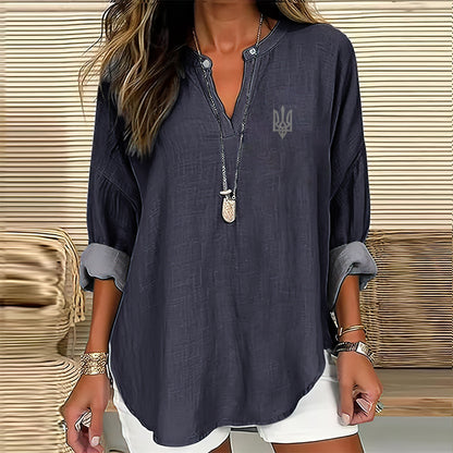 Comstylish Women's Ukraine Trident Print V-neck Long Sleeved Linen Blend Blouse