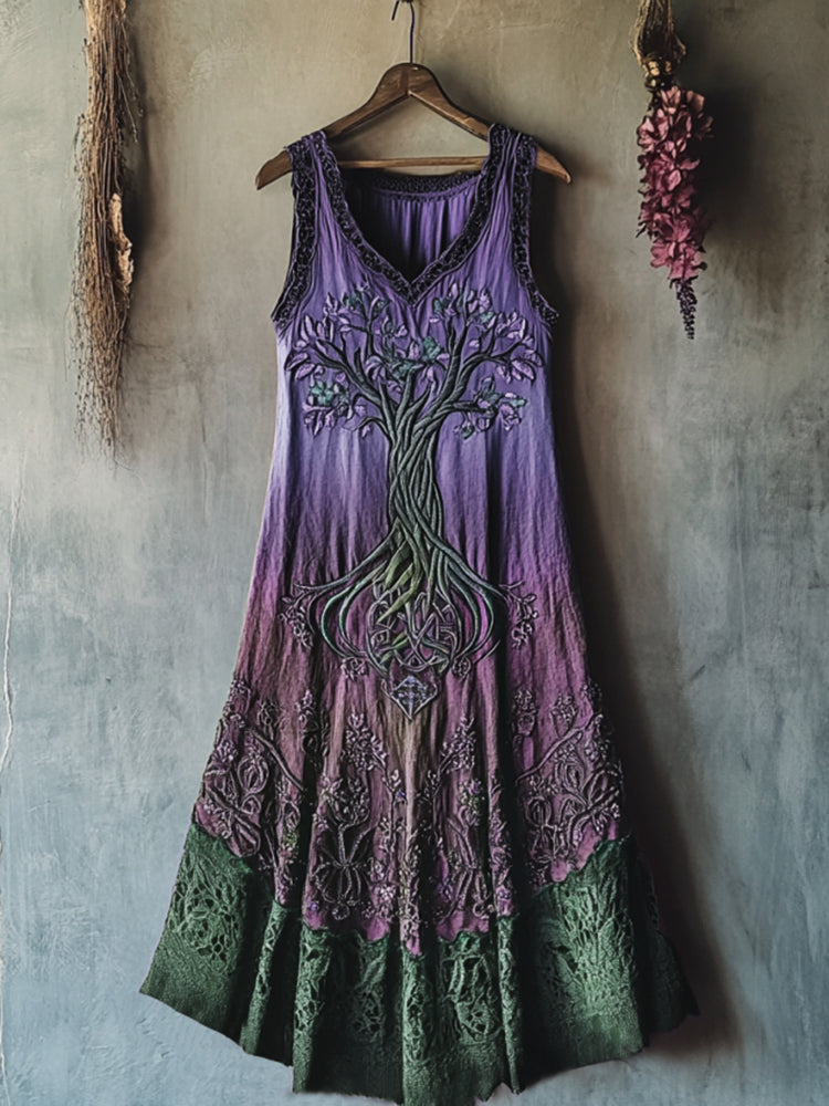 Vintage Viking Tribal Celtic Knot Life Of Tree Lace Patchwork Art Linen Tank Dress artswardrobe
