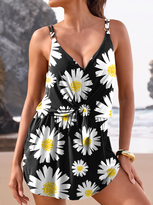 Vacation Vintage Daisy Florals Art Print V-Neck Bra Pantskirt Bikini Set