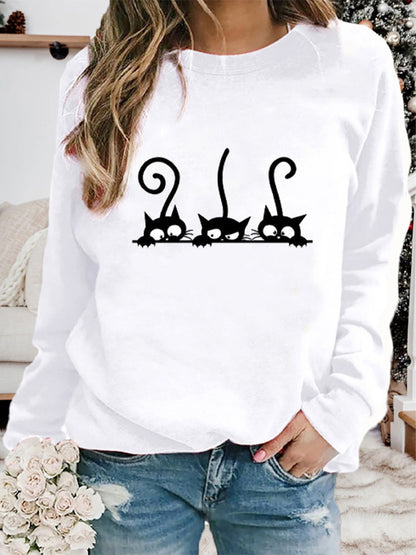 Women's Casual Black Cat Print Sweatshirt elevenforest