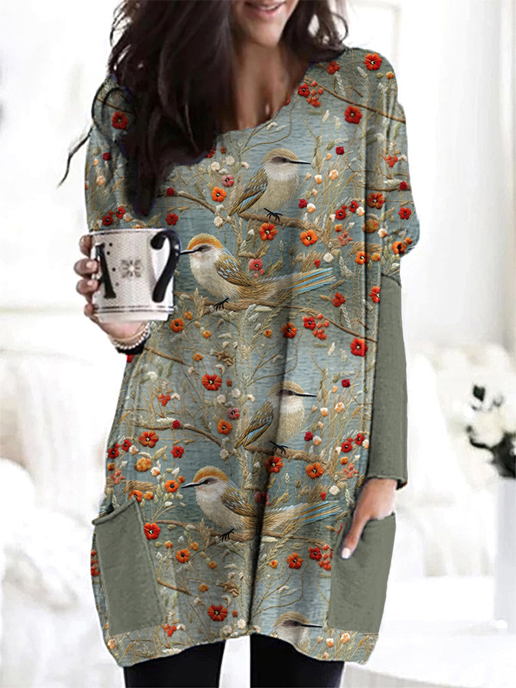 Birds & Flowers Embroidery Art Casual Cozy Long T-Shirt artswardrobe