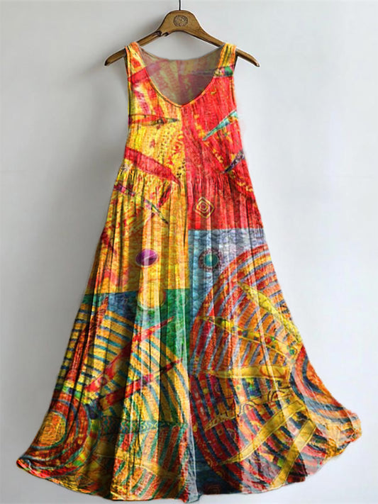 Women's Colorful Sun Collage Art Pattern Print Sleeveless Cotton Pocke