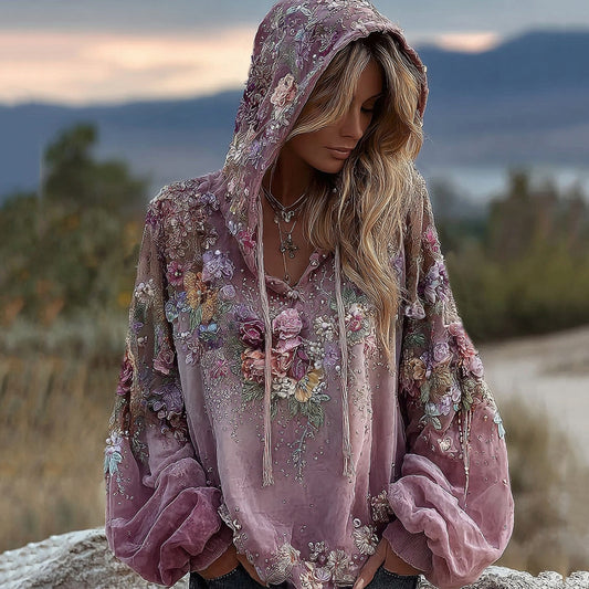 Comstylish Women's Vintage Boho Pink Rose Embroidered Sequin Hoodie