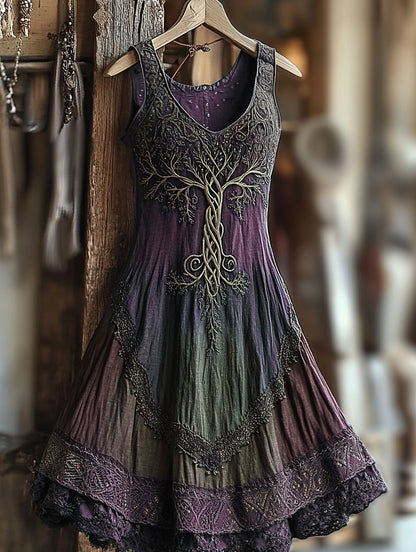 Women's Vintage  Viking Tree Of Life Gradient Linen Dress artswardrobe
