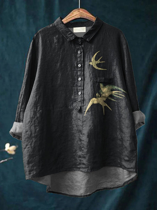 Women's Vintage Ethnic Lovely Birds Art Print Casual Cotton And Linen Shirt
