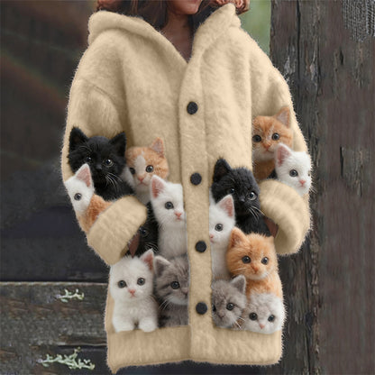 Comstylish Lovely Fuzzy Cats Cozy Knit Hooded Cardigan