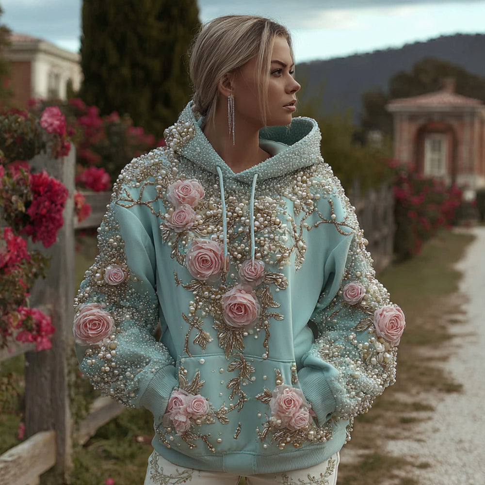 Comstylish Bohemian Pink Pearl Embroidered Flower Light Blue Hoodie
