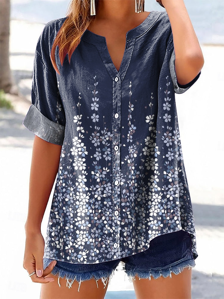 Women's Flower Art Print Casual Cotton And Linen Shirt