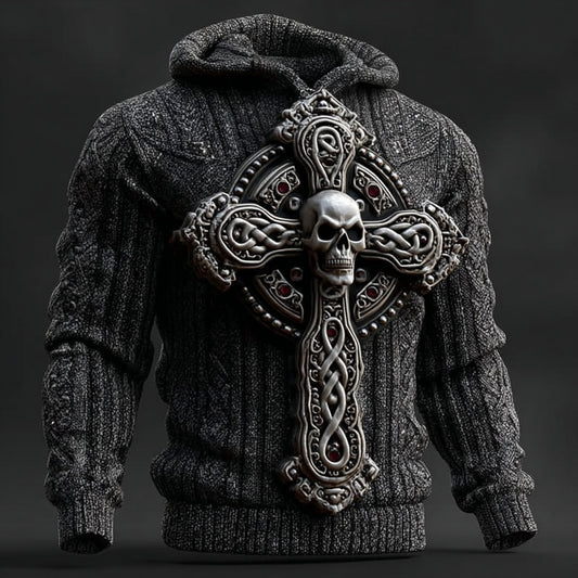 Men's Vintage Skull Cross Celtic Knit Chunky Hooded Sweater artswardrobe