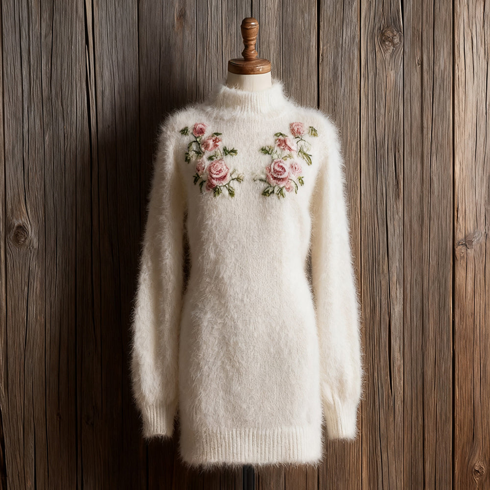 Comstylish Vintage Flowers Embroidered Cozy Knit Sweater Dress