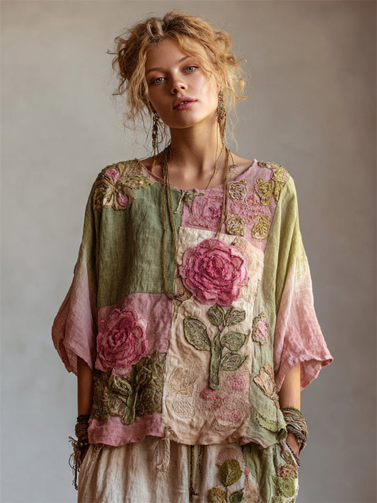 Comstylish Vintage Pink Roses Cottagecore Patchwork Linen Tunic