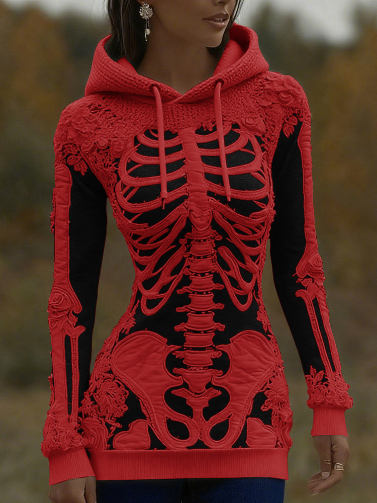 Women's Halloween Skeleton Bones With Roses Art Knitted Warm Hooded Sweater artswardrobe