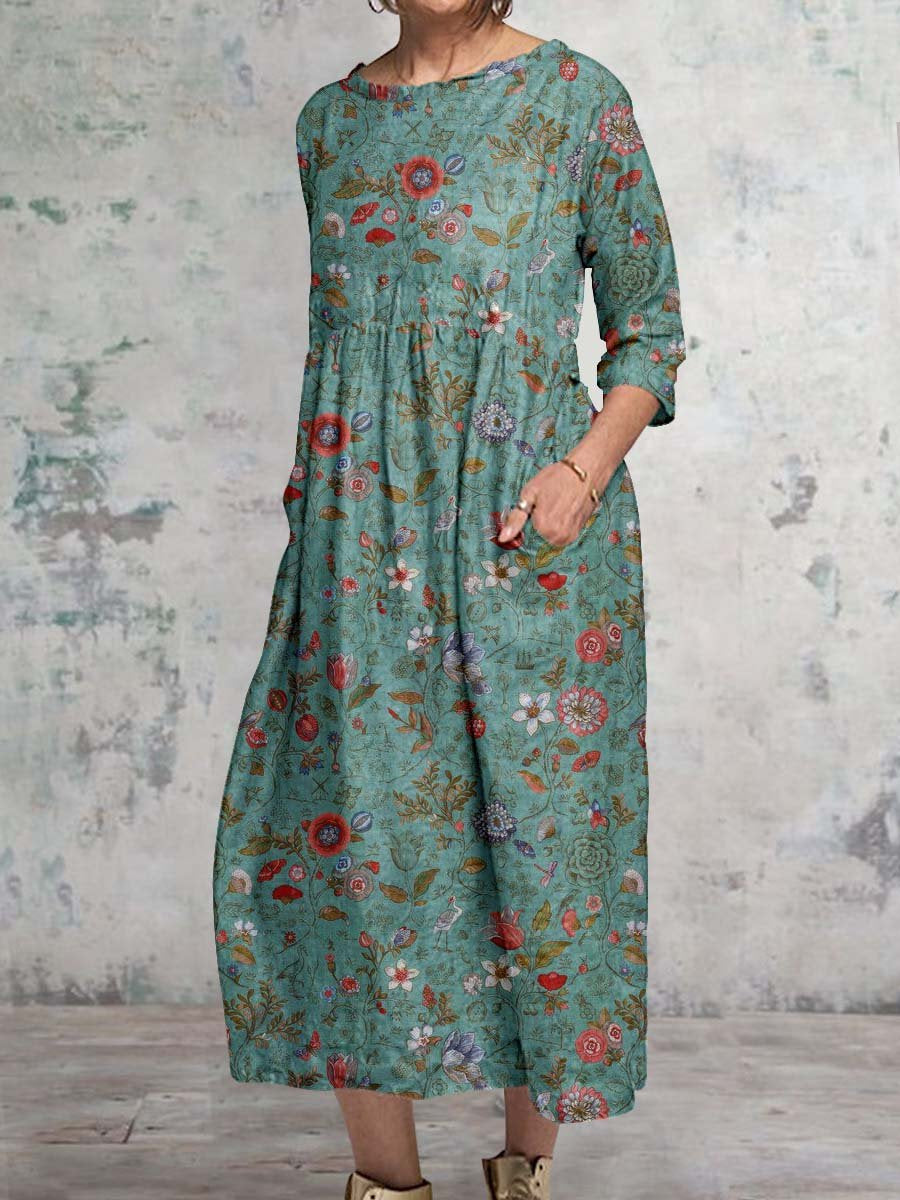 Women's Classic Floral Pattern Round Neck Cotton and Linen Top with Pockets
