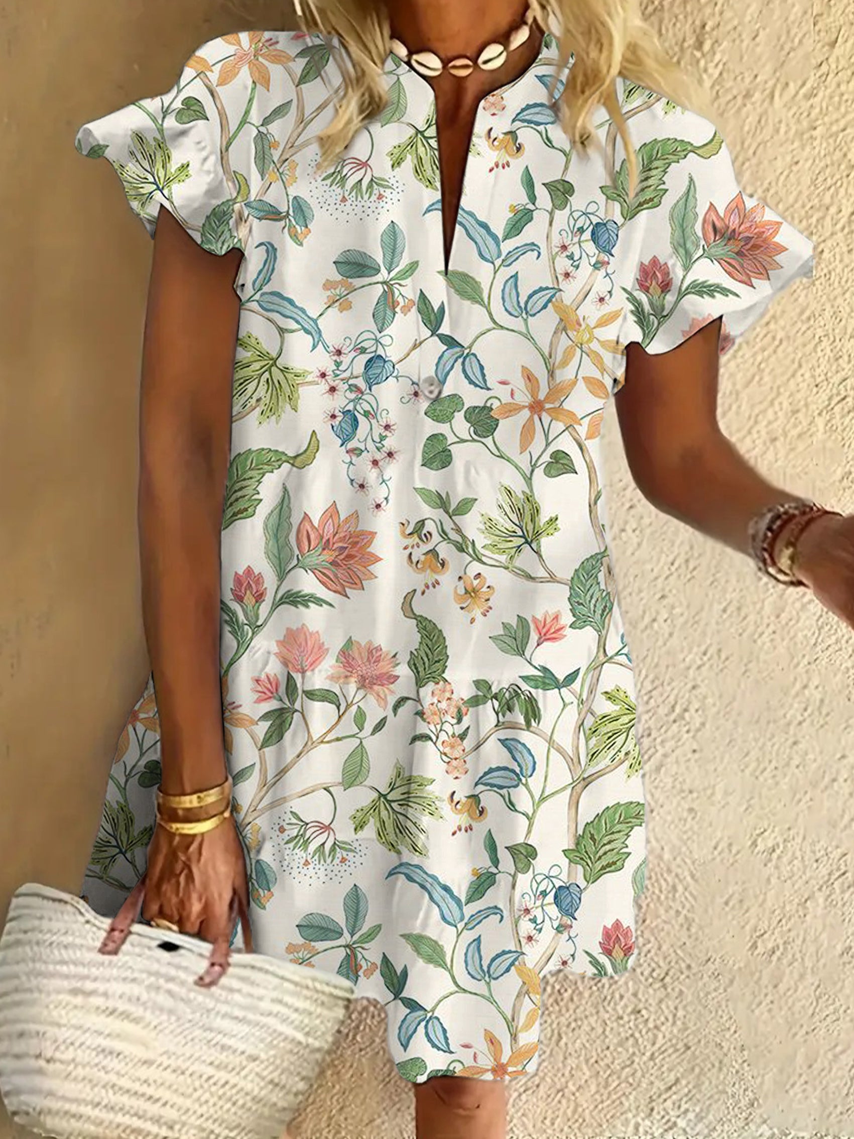 Color Flower Ruffled Short-sleeved V-neck Buttoned Dress Vacation Beach Dress