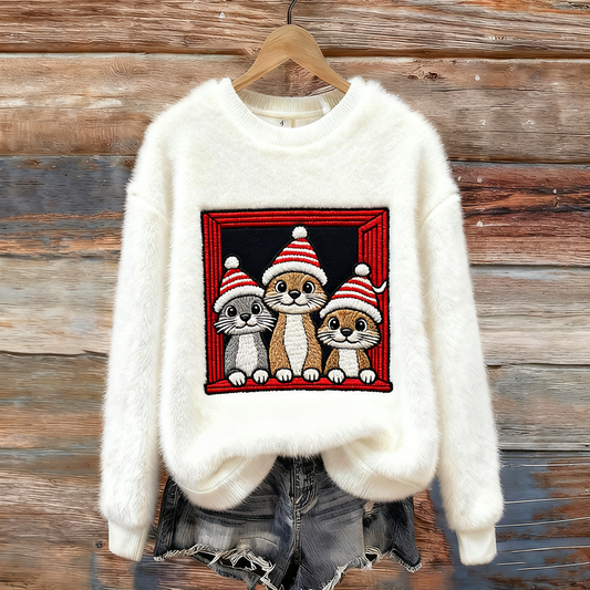 Christmas Fun Animal Pattern Women's Round Neck Flannel Sweatshirt