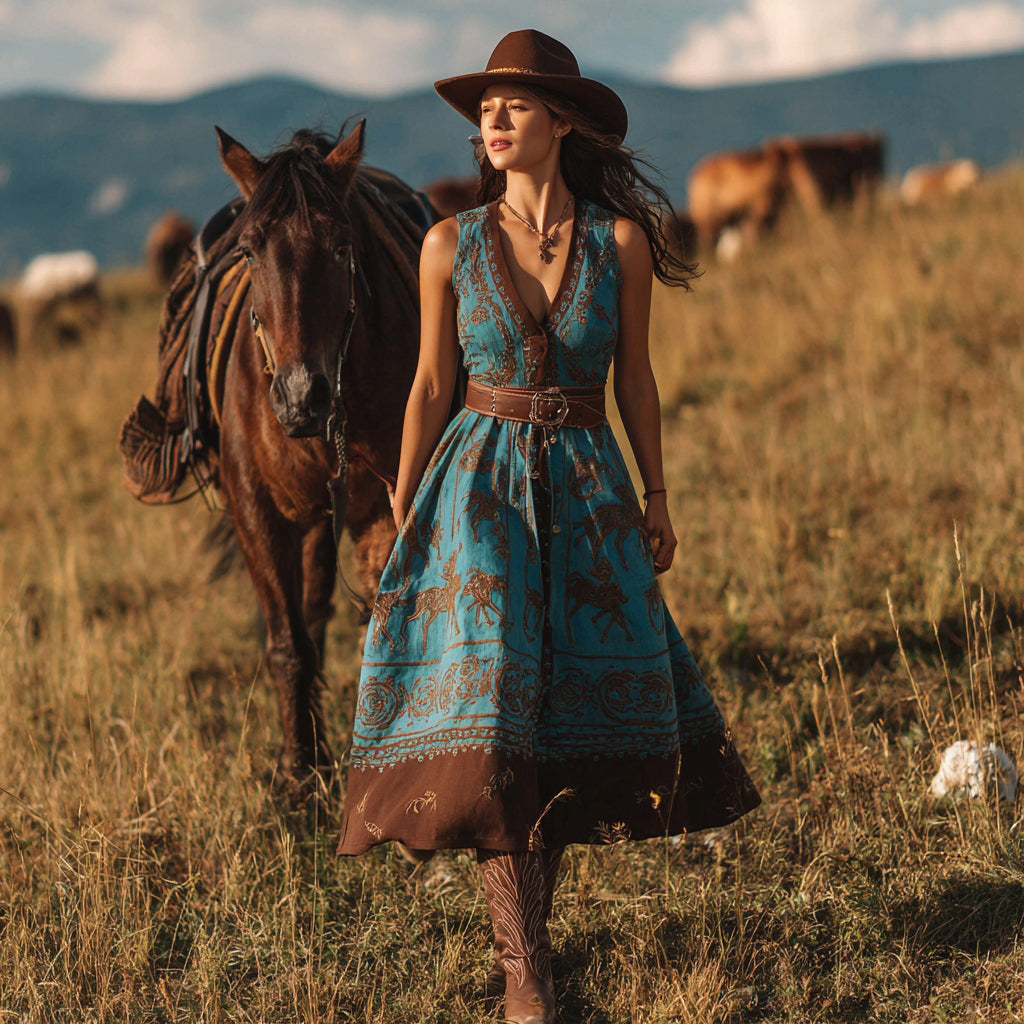 Vintage Western Horse Print V-neck Sleeveless Midi Dress artswardrobe