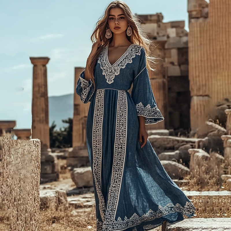 Vintage Greek-inspired V Neck Linen Blend Maxi Dress artswardrobe