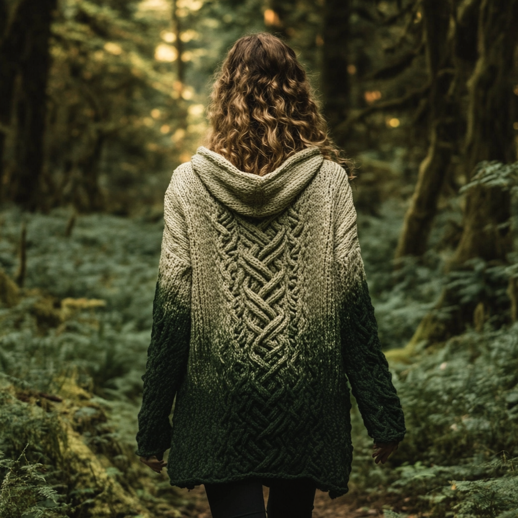 Women's Gradient Celtic Knot Retro Chunky Knit Hooded Cardigan artswardrobe
