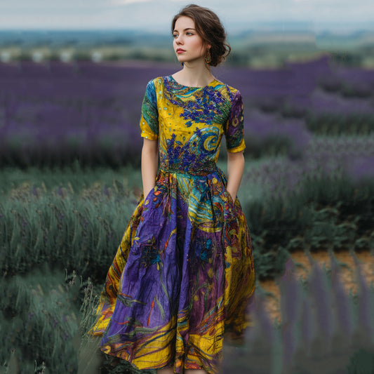 Vintage Lavender Starry Sky Oil Painting Print Linen Midi Dress