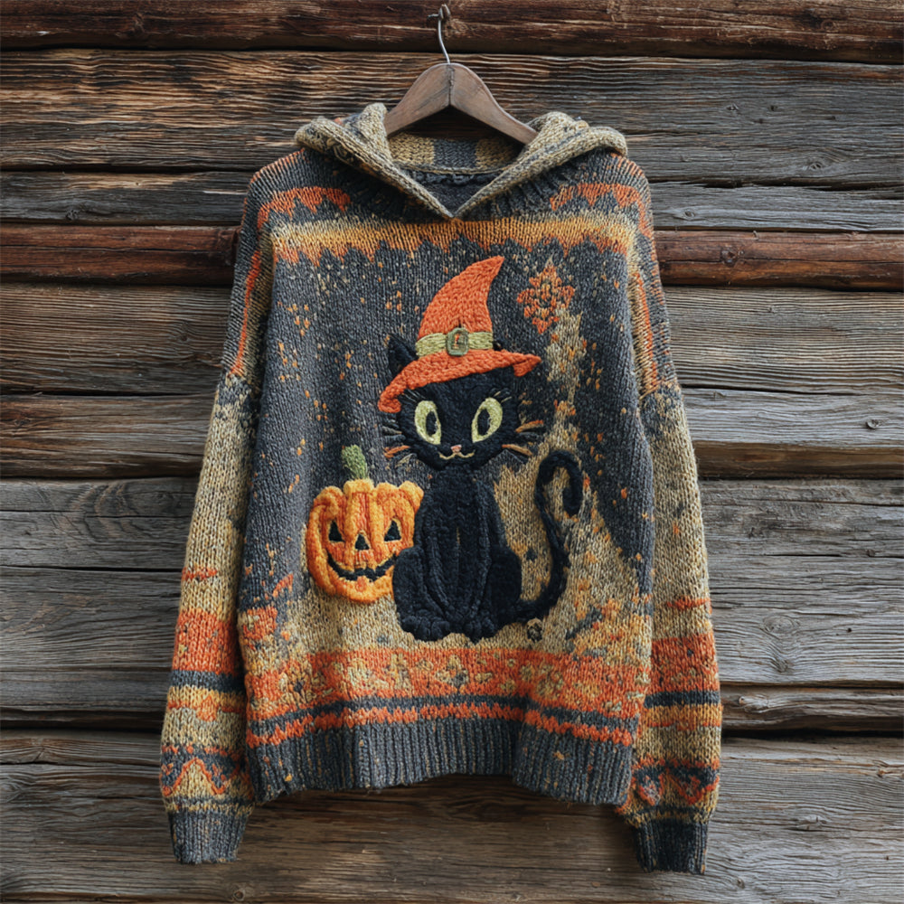 Halloween Black Cat With Hat Women's Knit Hooded Sweater elevenforest