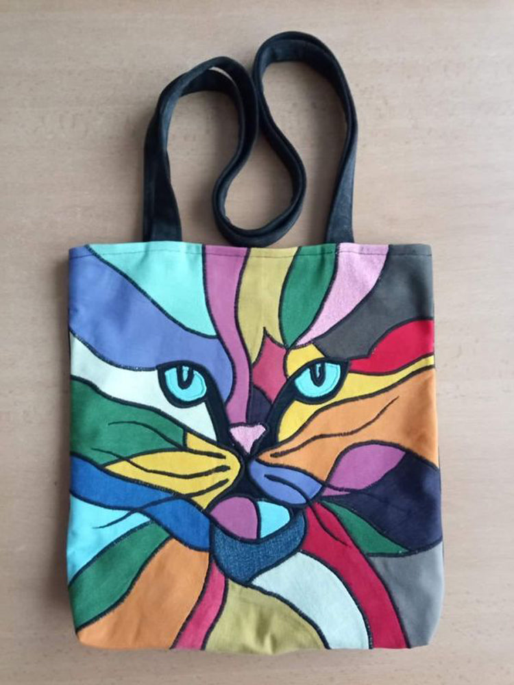 Colorful Cat Embroidery Pattern Canvas Bag elevenforest