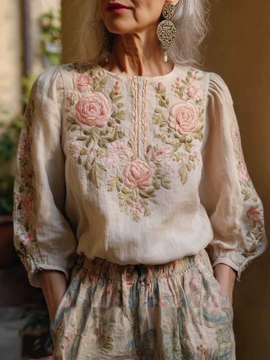 Women's Vintage Pink Floral Design Cotton And Linen Blend Shirt artswardrobe