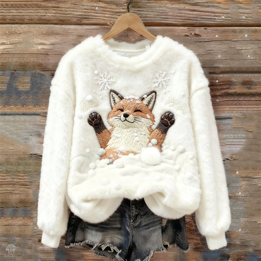 Lovely Fox & Snow Embroidered Cozy Plush Sweatshirt