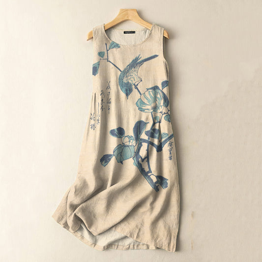 Comstylish Vintage Japanese Art Flowers And Birds Print Sleeveless Cotton And Linen Midi Dress