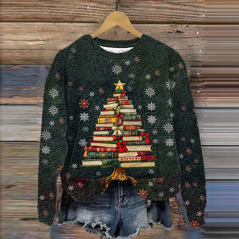 Comstylish Women's Merry Christmas Book Tree Snowflakes Art Printed Sweatshirt