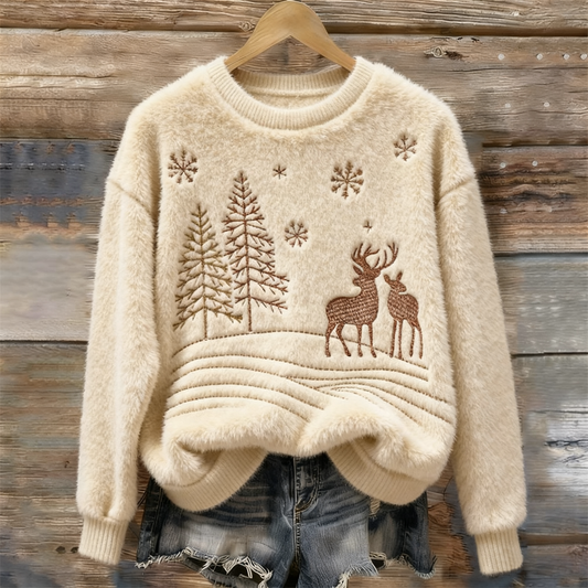 Women's Christmas Elk Embroidery Cozy Plush Sweater