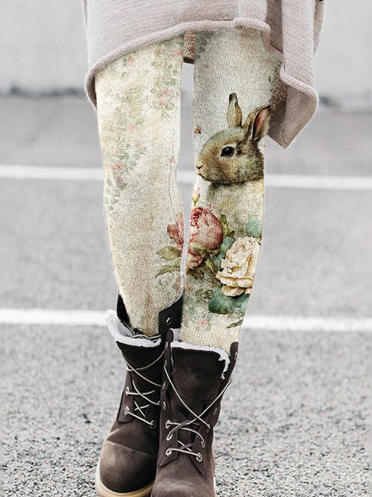 Vintage Bunny Floral Art Cozy Leggings artswardrobe