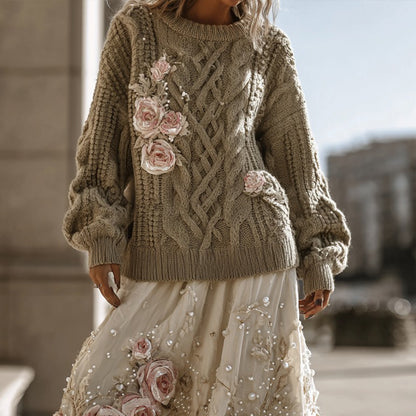 Vintage Rose Pattern Cable Knit Sweater And Linen Skirt Two-piece Set elevenforest