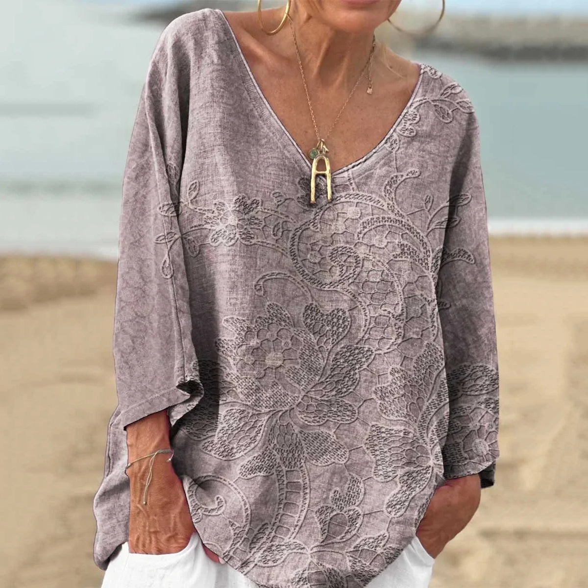 Vintage Floral V-neck Loose Linen Blend T-shirt artswardrobe