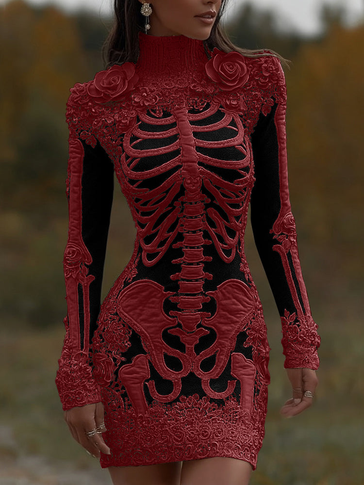 Comstylish Comstylish Women's Halloween Skeleton Bones With Rose Art Cozy Knit Turtleneck Mini Sweater Dress