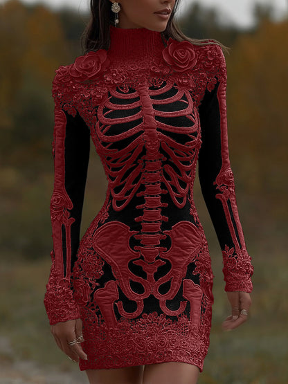 Comstylish Comstylish Women's Halloween Skeleton Bones With Rose Art Cozy Knit Turtleneck Mini Sweater Dress