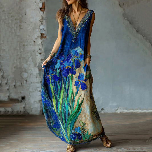 Women's Oil Painting Blooming Apricot Linen Sleeveless Maxi Dress