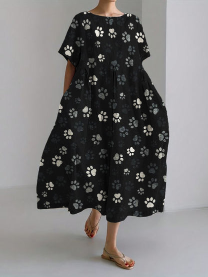 Comstylish Paw Prints Pattern Flowy Maxi Linen Blend Dress